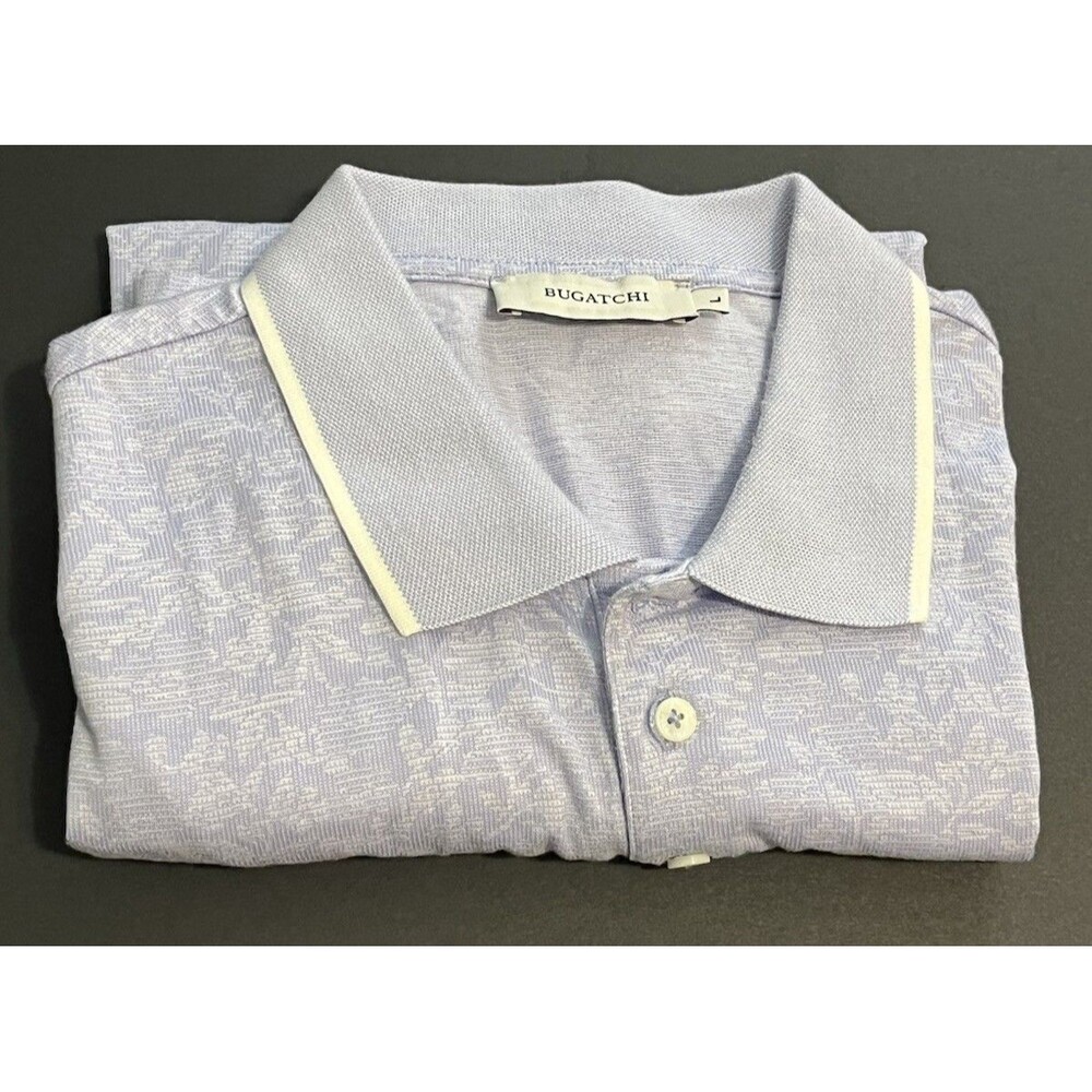 BUGATCHI Polo Shirt Men’s (L) Blue White Geometric Collared COTTON LYOCELL BLEND